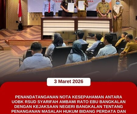 PENANDATANGANAN NOTA KESEPAHAMAN ANTARA UOBK RSUD SYARIFAH AMBAMI RATO EBU BANGKALAN DENGAN KEJAKSAAN NEGERI BANGKALAN TENTANG PENANGANAN PERMASALAHAN HUKUM BIDANG PERDATA DAN TATA USAHA NEGARA
