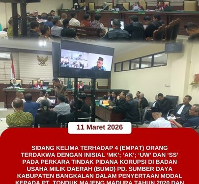 SIDANG KELIMA PD. SUMBER DAYA KABUPATEN BANGKALAN DALAM PENYERTAAN MODAL KEPADA PT. TONDUK MAJENG MADURA TAHUN 2020 DAN TAHUN 2021 DENGAN AGENDA PEMBUKTIAN OLEH JPU