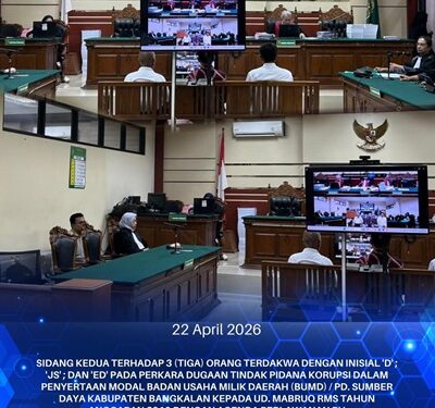 SIDANG KEDUA TERHADAP 3 ORANG TERDAKWA PADA PERKARA DUGAAN TINDAK PIDANA KORUPSI DALAM PENYERTAAN BUMD / PD. SUMBER DAYA KABUPATEN BANGKALAN KEPADA UD. MABRUQ RMS TAHUN ANGGARAN 2019 DENGAN AGENDA PERLAWANAN PENASEHAT HUKUM