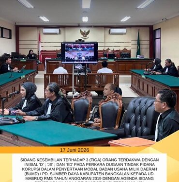 SIDANG KESEMBILAN PERKARA DUGAAN TIPIKOR DALAM PENYERTAAN MODAL BUMD / PD. SUMBER DAYA KABUPATEN BANGKALAN KEPADA UD. MABRUQ RMS TA. 2019 DENGAN AGENDA SIDANG PEMERIKSAAN AHLI A DE CHARGE