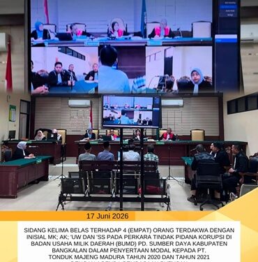 SIDANG KELIMA BELAS PERKARA TIPIKOR DI BUMD / PD. SUMBER DAYA KABUPATEN BANGKALAN DALAM PENYERTAAN MODAL KEPADA PT. TONDUK MAJENG MADURA TAHUN 2020 DAN TAHUN 2021 DENGAN AGENDA SIDANG PEMBACAAN PUTUSAN
